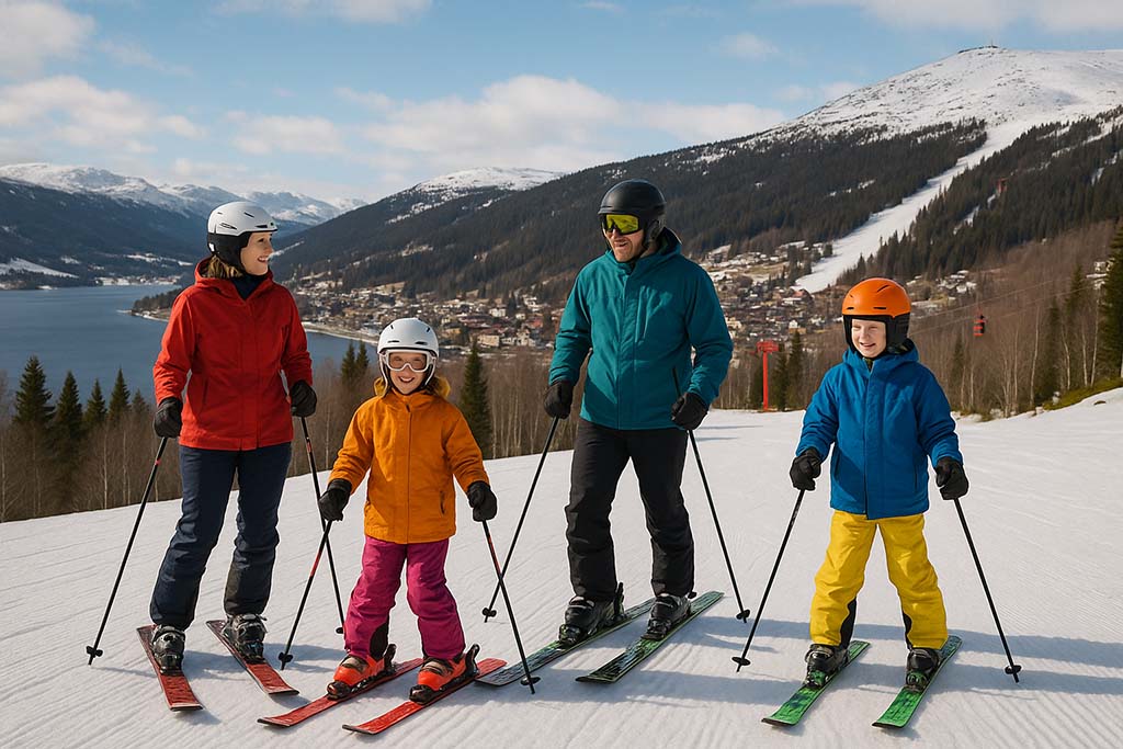 Familj som åker skidor i sälen