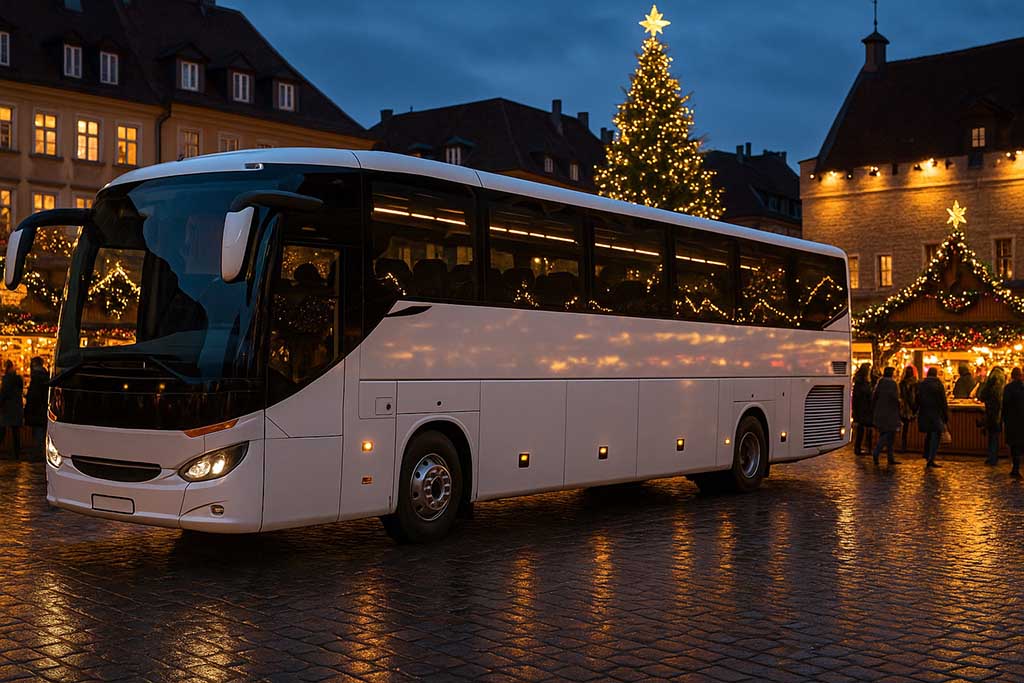 Buss parkerad vid julmarknad