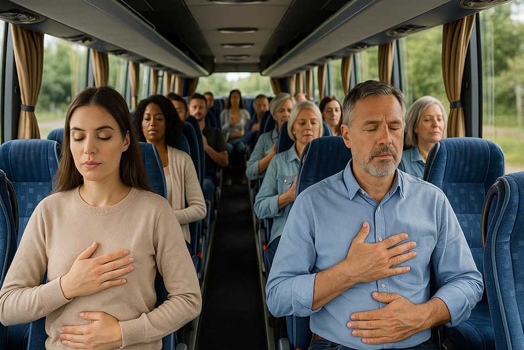 Grupp som utövar mindfulness ombord på bussen