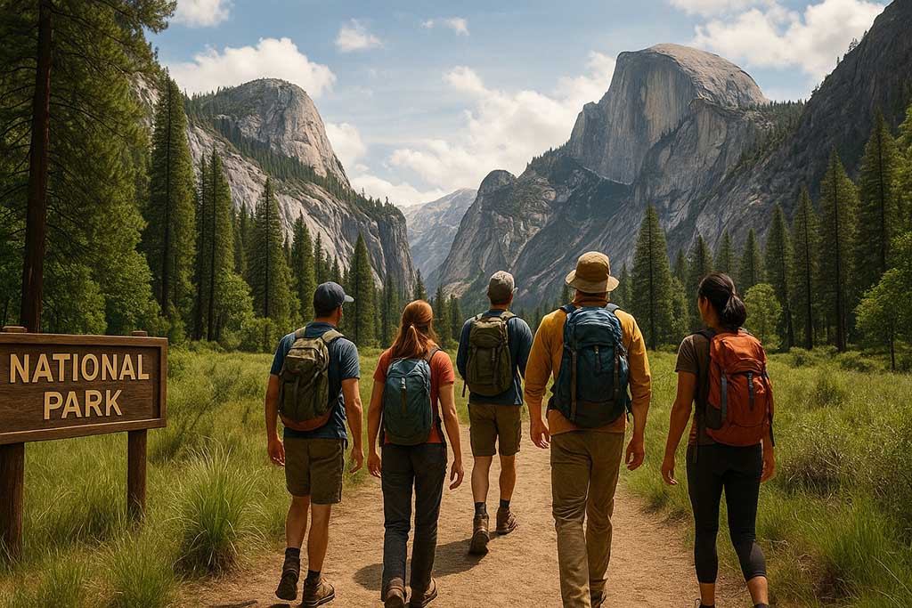 En grupp som vandrar i en nationalpark i Sverige