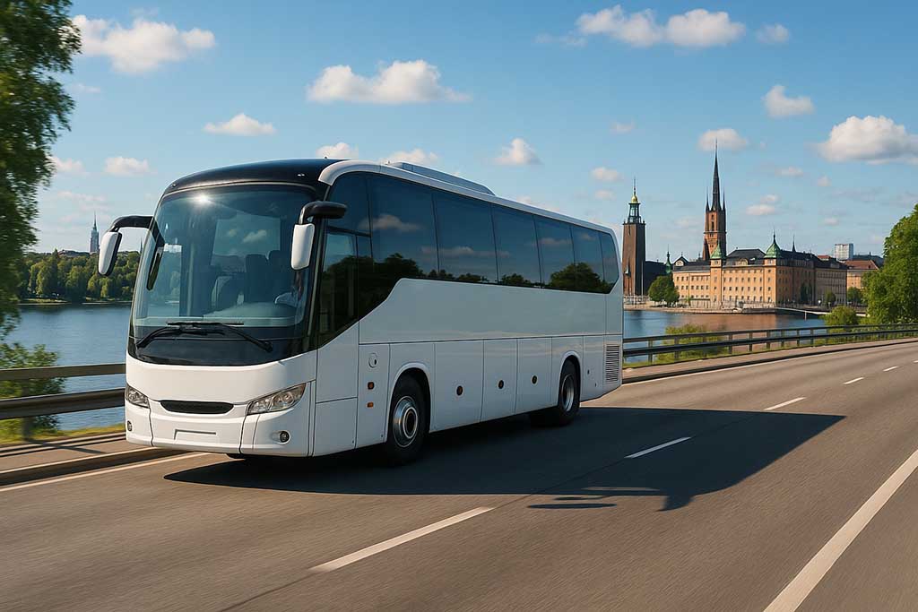Turistbuss som kör längs en populär bussrutt i Sverige