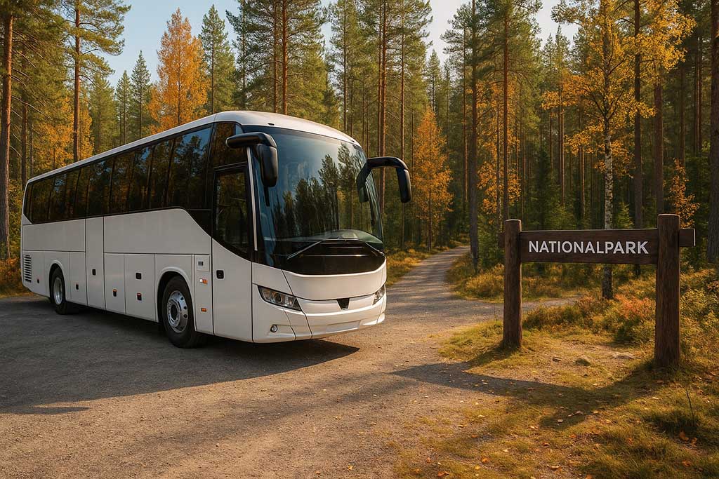 Buss parkerad vid Björnlandets nationalpark