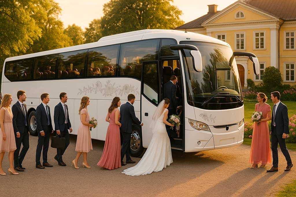 Bröllopsfölje som kliver på en buss
