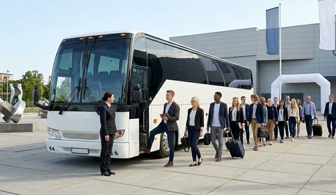 Grupp på väg med beställd buss till ett evenemang