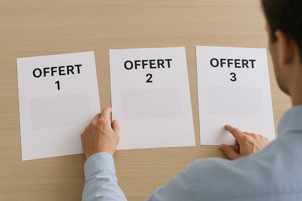 Person som utvärderar tre offerter på föreningsresor