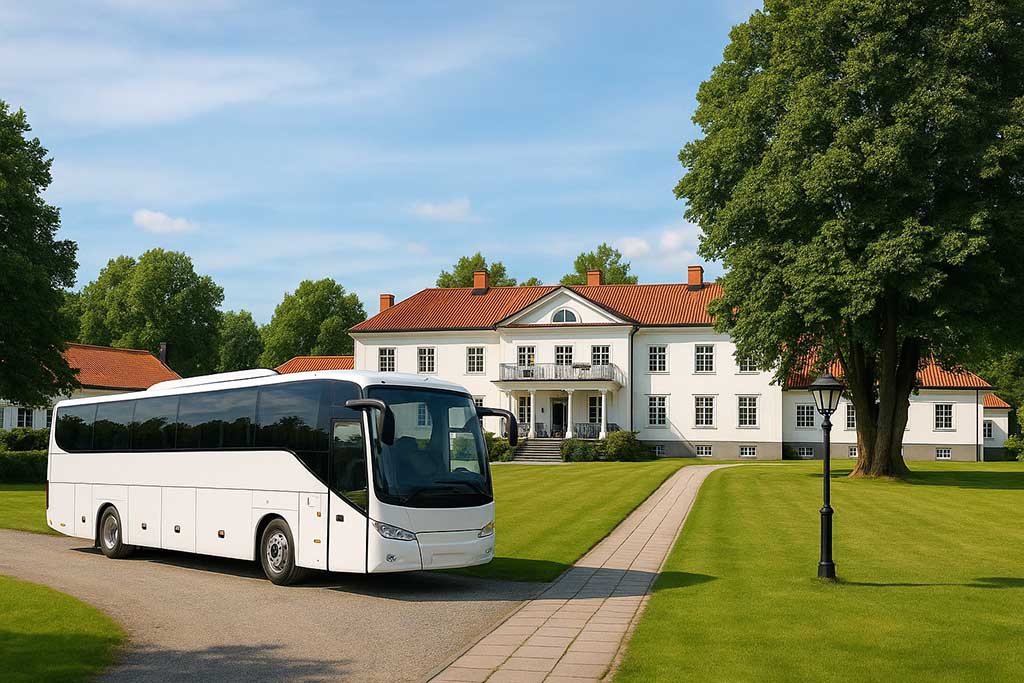 Turistbuss som står parkerad vid Friiberghs Herrgård