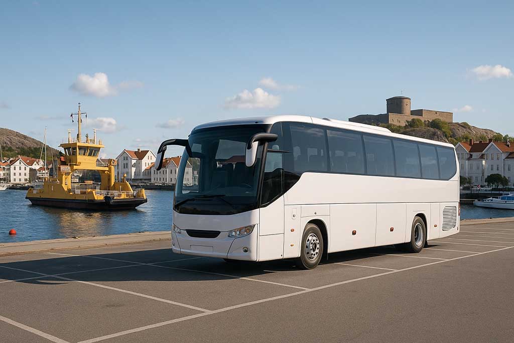 Turistbuss från Göteborg parkerad i Marstrand vid hamnen