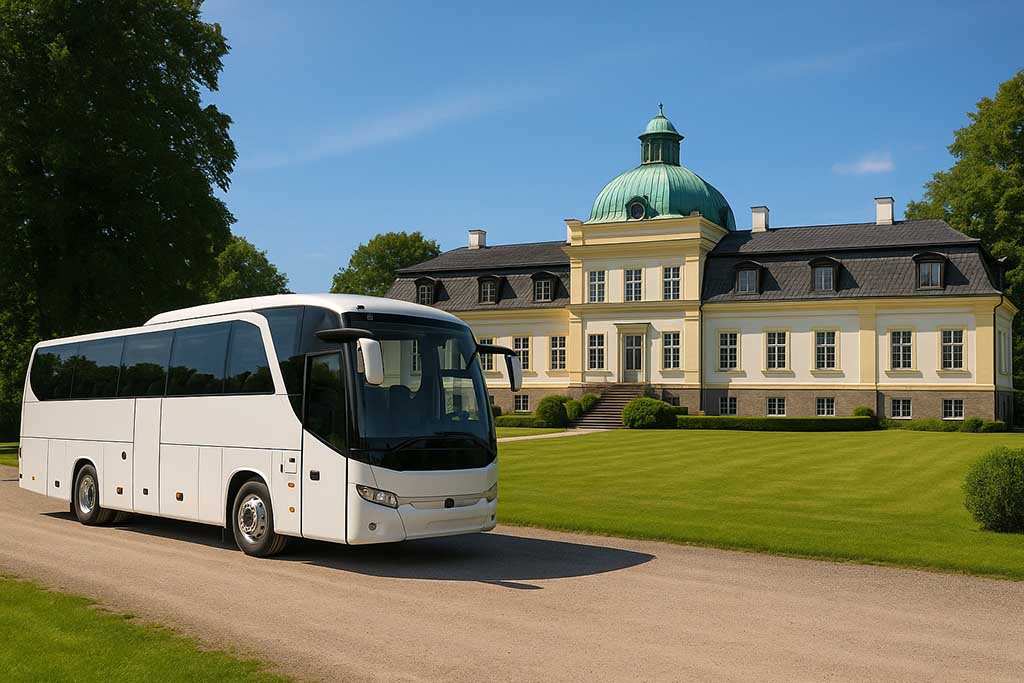 Turistbuss som står parkerad vid Jordberga slott