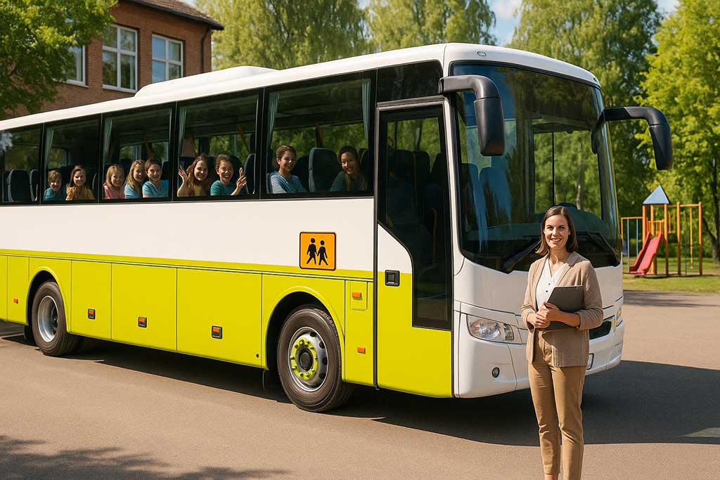Skolklass som har klivit på bussen för en klassresa