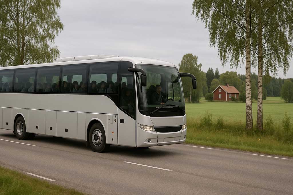 Buss som kör en skolklass på klassresa