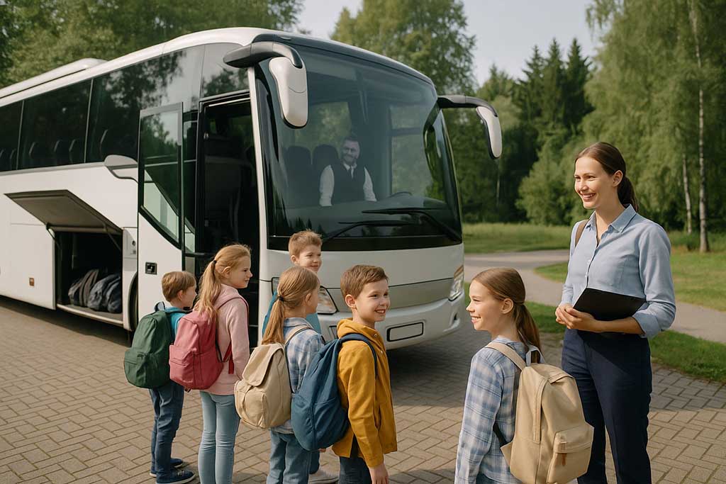 Elever och lärare på lägerskola vid bussen