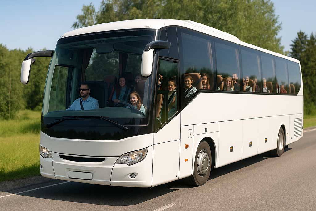 Elever på väg till lägerskola i buss