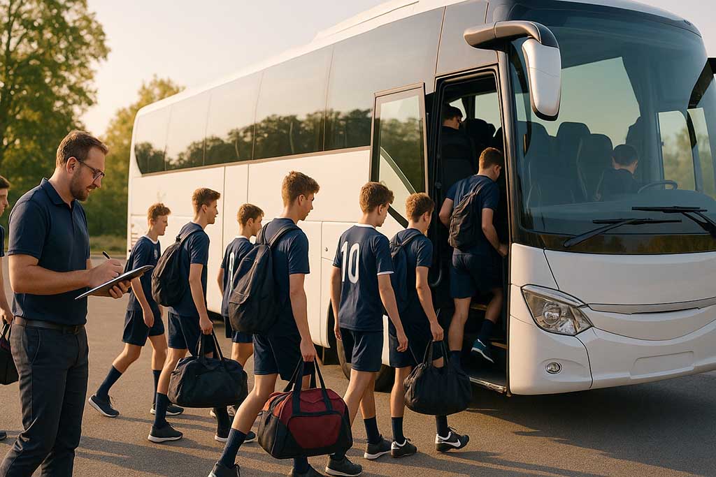 Idrottslag som kliver på bussen inför sin lagresa