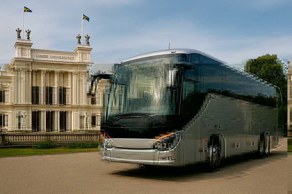 Buss utanför Lunds universitet i samband med konferensresa