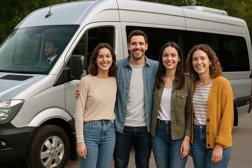 Vänner som har bokat en minibuss