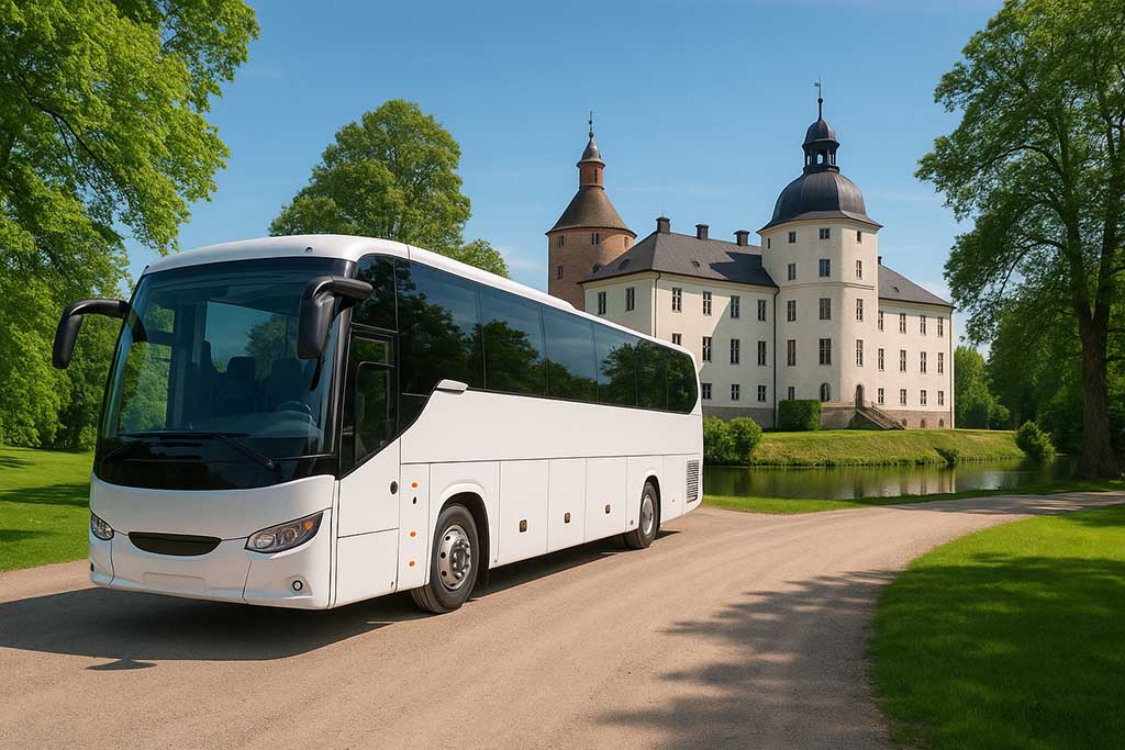 Turistbuss som står parkerad vid Örbyhus Slott