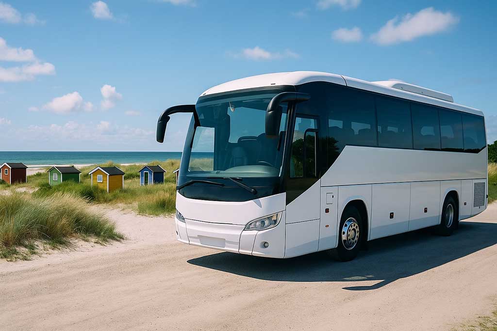 Turistbuss som står parkerad vid stranden i Skanör