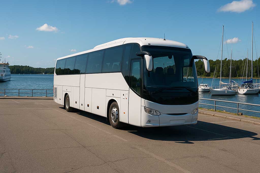 Turistbuss parkerad vid Stavsnäs Vinterhamn