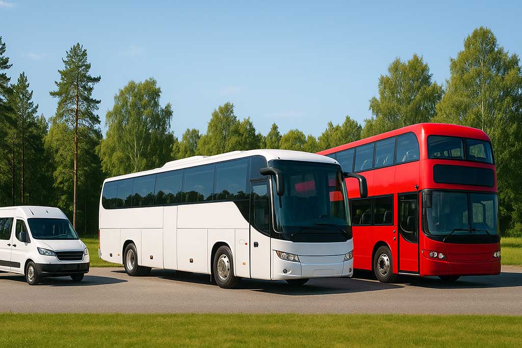 Tre bussar i olika storlekar som står parkerade bredvid varandra