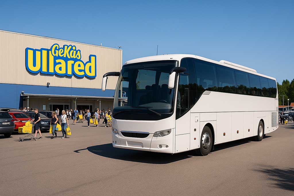 Turistbuss som står parkerad vid Ullared